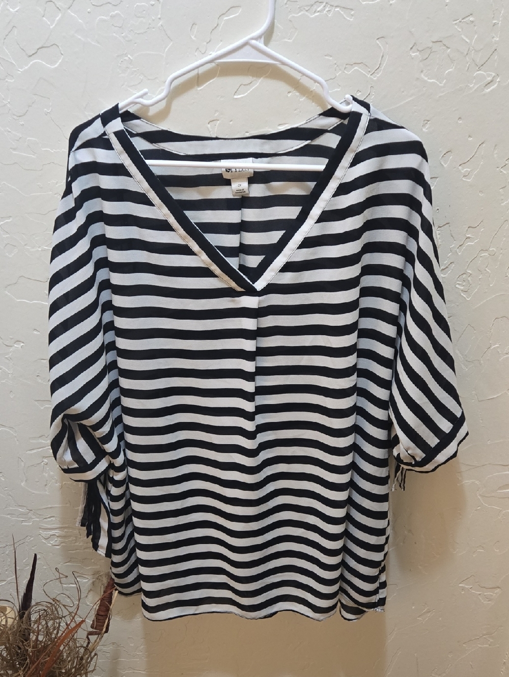STYLUS Black & White Striped V-Neck Tunic with Side Ties